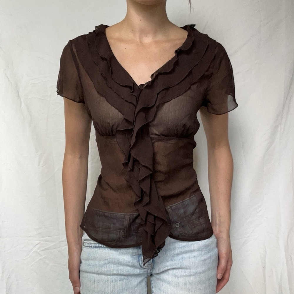 2000s Sheer Ruffle Brown Babydoll Top Tie Back Coquette Twee Feminine Dainty